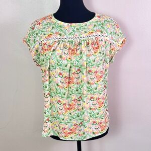 NWT-LOFT Floral Blouse XS Green Pink Mixed Media Crochet Lace Pleated Cottage